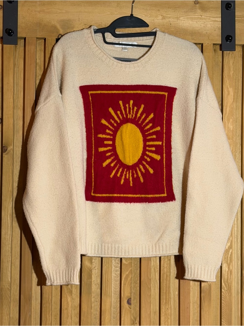 Flat White Cream Crewneck Sweater with Red & Yellow Sun Graphic